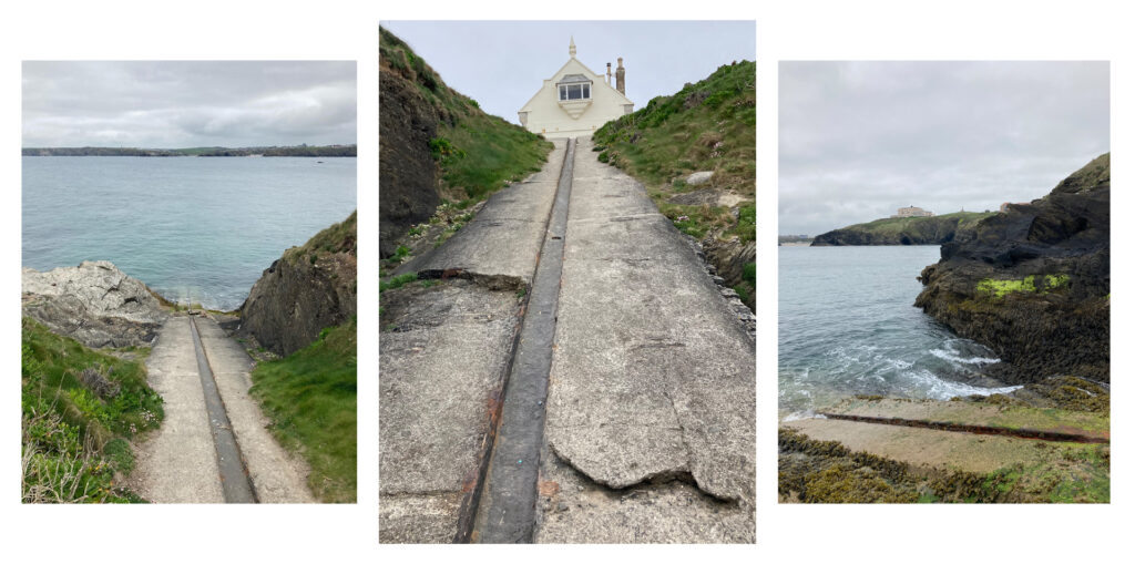 Three images of the old lifeboat slip in Newquay and the old lifeboat house.