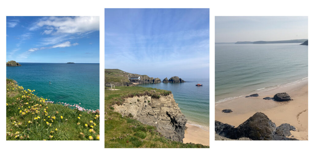 Three images of the turquoise sea and sandy beach at Mother Ivey's Bay
