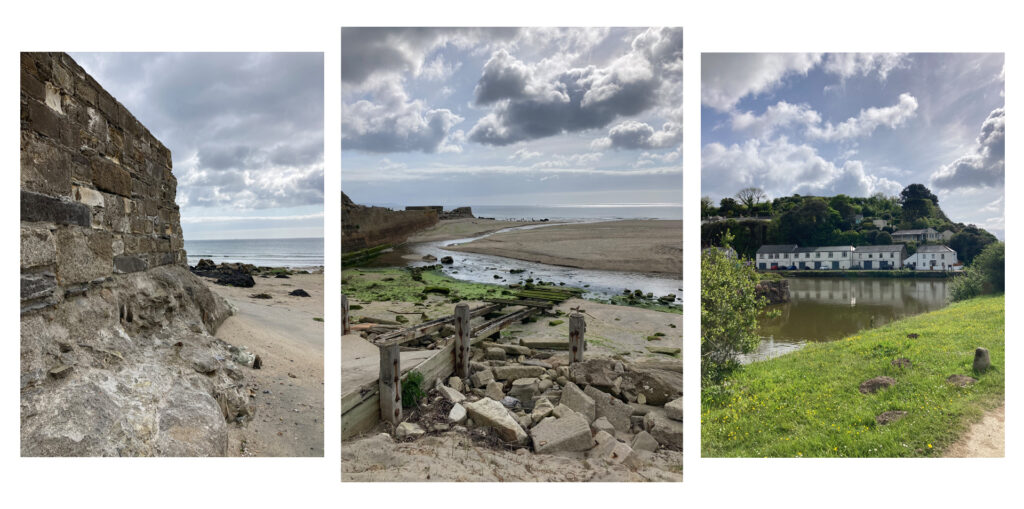 Three images of Pentewan beach and village