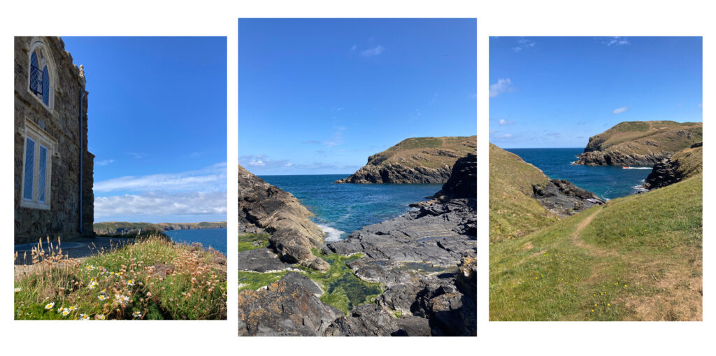 Three images showing Doyden Castle, and the rocky inlet of Port Quin.
