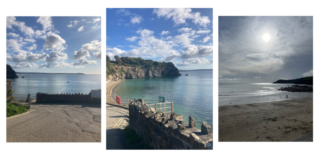 Three images showing porthpean beach, with blue skies scattered with white clouds and clear turquoise waters.
