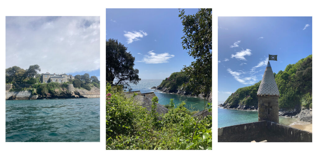 Three images showing tropical colours, Point Neptune House and the turret of a 19th century lime kiln in Readymoney Cove.