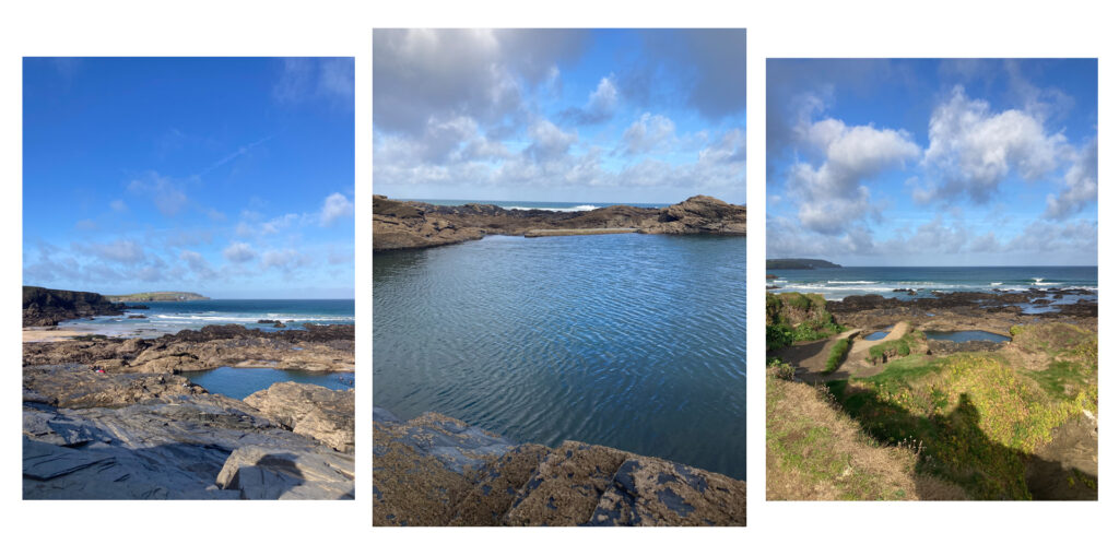 Three images of Tinker Bunny's also known as Trevone Sea Pool, looking quiet and calm with the wild sea behind. 