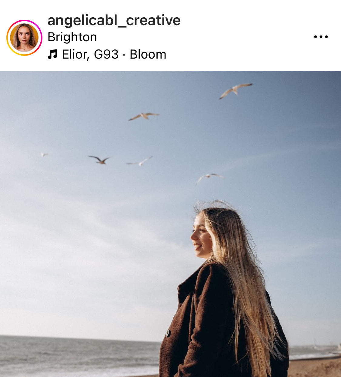 Photo of model on beach with blue skies and seagulls flying above.