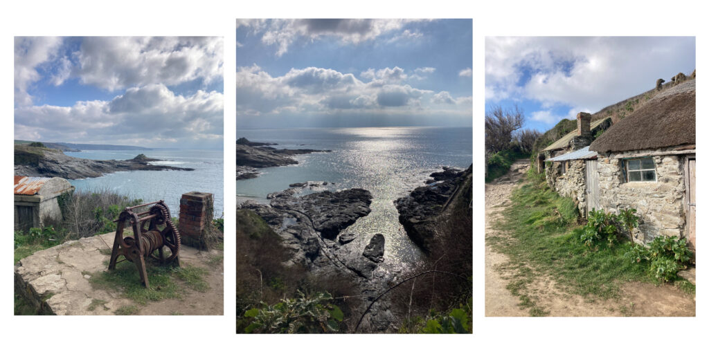 A selection of three photographs showing Bessy's Cove from above, and a pretty stone cottage.