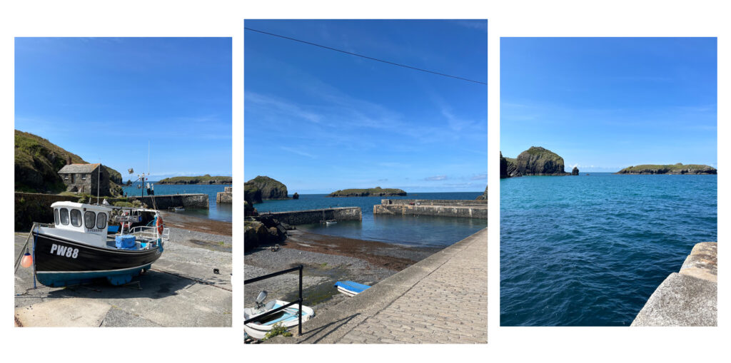 Three images of Mullion Cove on a sunny day with a blue sky and the harbour in the foreground.