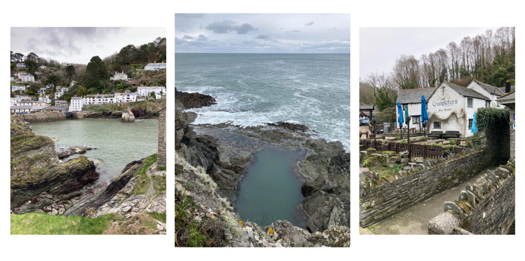 Three photos of Polperro, on the left the harbour, looking across the water to the houses. In the middle, polperro tide pool with the wild ocean behind. On the right, the historic Crumplehorn Inn.