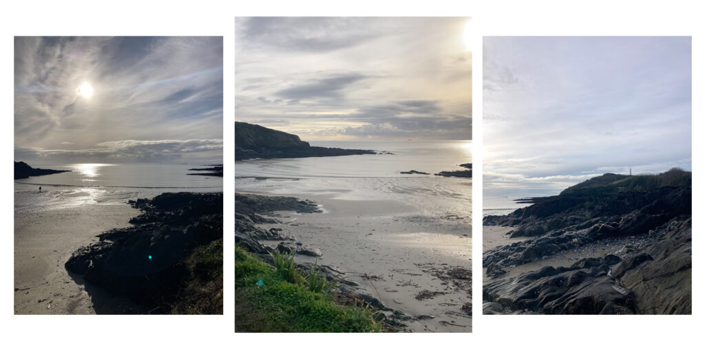 Three photos of Polridmouth Cove with the golden early morning sun reflecting on the calm sea. There are rocks in the foregrounds and smooth sands with a cloudy sky above.