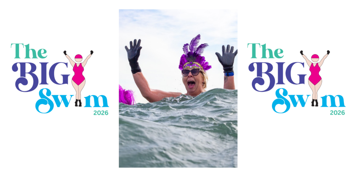 The Big Swim logo and photo of a joyful swimmer with purple headband