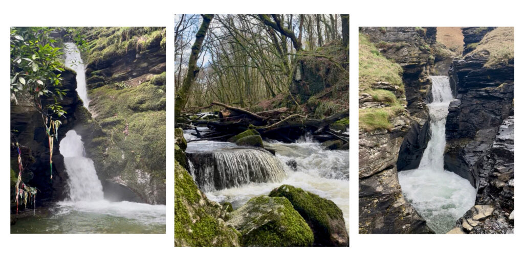 Three photos of waterfalls beside each other, green mossy stones contrasting with the white frothy water.