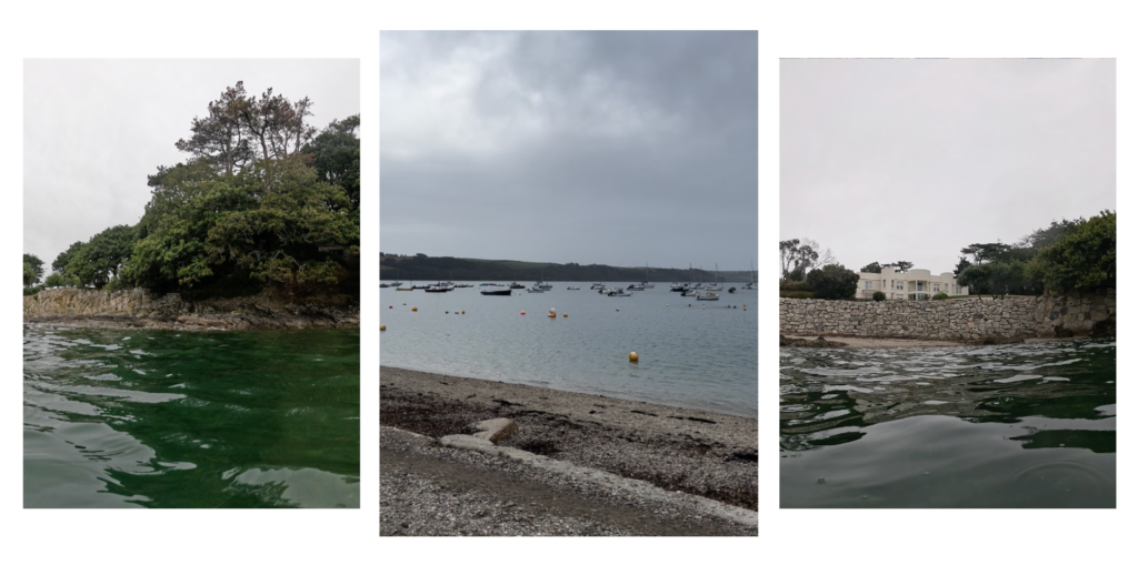 Three images side by side of Loe Beach in Cornwall. The centre photo is taken from the stony beach, the two either side are from the water, swimming in Cornwall. 