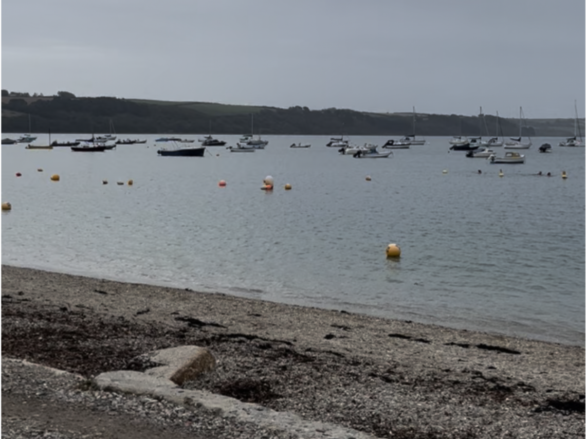 A photo of Loe beach in Cornwall, taken from the stony shore with calm sea behind and lots of moored boats and buoys.