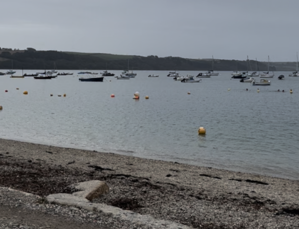 A photo of Loe beach in Cornwall, taken from the stony shore with calm sea behind and lots of moored boats and buoys.