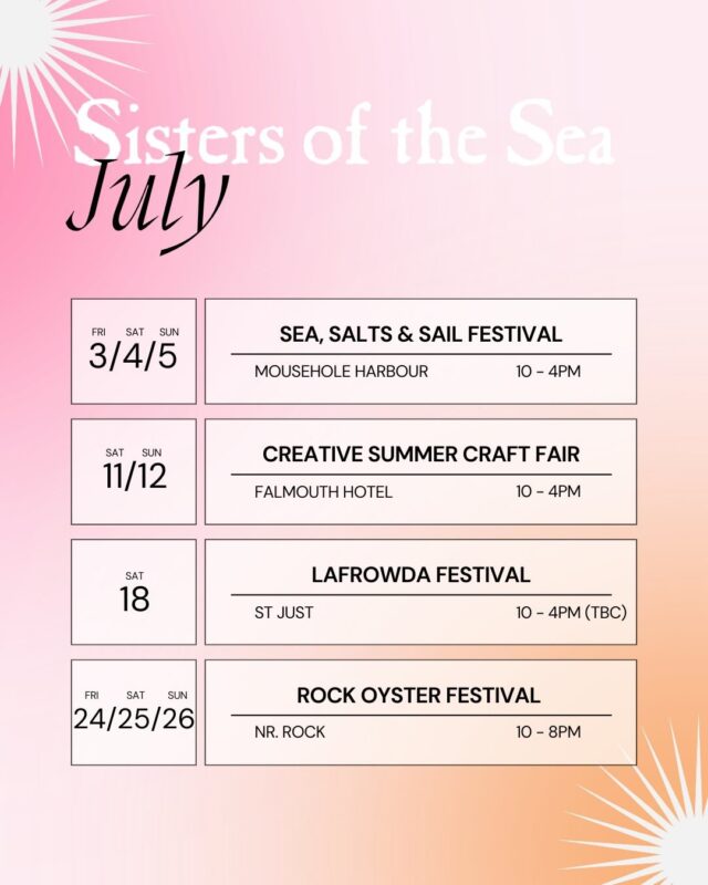 A little heads up for where I’ll be in July for my summer of festival fun 🎶 🙌 

I’ll have all the Sisters of the Sea faves including caps, tees & hoodies, plus new summer design vests & phone pouches. 

AND I’ve hopefully managed to source some more gorgeously soft Henley long sleeves for you! At last!

PLUS I’ll bringing all the festival vibes with ✨FREE✨ Sisters of the Sea temporary tattoos 💕 They’re so colourful I love them! 🌈 

3-5th: Mousehole - Sea, Salts & Sail Festival
11/12th: Falmouth Hotel - Creative Craft Fair
18th: St Just - Lafrowda Festival
24/25/26: Rock Oyster Festival

More details to come 🥳🎉 

💙🌊🛍️ 

#sistersofthesea #festivalseason #summer #cornwall #swimming