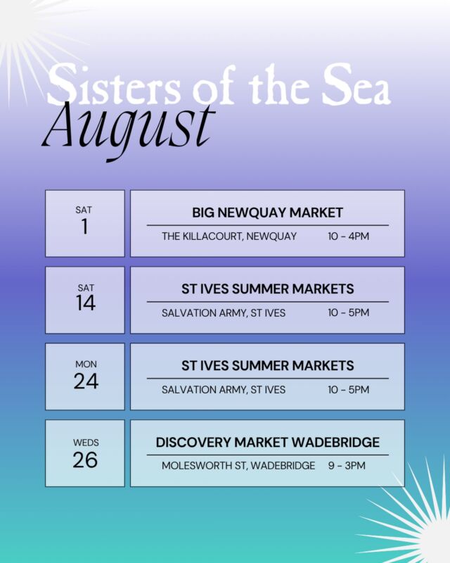 How is it August tomorrow already?!

I’ve got lots of fun stuff going on with family this month but I’m still fitting in a few markets, and the website will stay open for orders. 

First up is the wonderful Big Newquay Market  @cornwallshopsmall which is going to so much fun, with lots of entertainment, a bar, and more than 40 local makers and creators on the Killacourt. 

I’ll be bringing along a range of vests, caps, phone pouches and of course hoodies for when it gets cooler. 

Come and say hi! 

☀️🛍️🌊 

#sistersofthesea #cornwallshopsmall #lovenewquay #swimming #summerstyle
